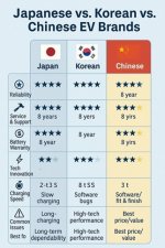 Horizontal infographic comparing Japanese, Korean, and Chinese EV brands by reliability, servi...jpg